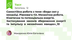 Самостійна робота з теми «Види сил у механіці. Рівновага тіл. Механічна робота. Кінетична та потенціальна енергія. Застосування  законів  збереження  енергії та  імпульсу  в  механічних  явищах»_10