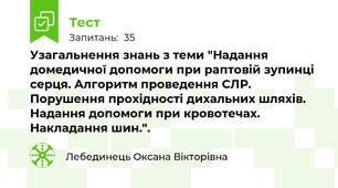 Узагальнення знань з теми "Надання домедичної допомоги при раптовій зупинці серця. Алгоритм проведення СЛР. Порушення прохідності дихальних шляхів. Надання допомоги при кровотечах. Накладання шин.".