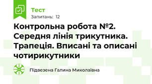  Контрольна робота №2.  Середня лінія трикутника. Трапеція. Вписані та описані чотирикутники
