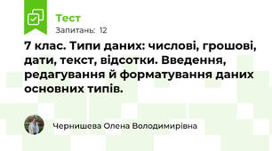 7 клас. Типи даних: числові, грошові, дати, текст, відсотки. Введення, редагування й форматування даних основних типів.