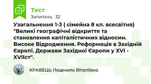 Узагальнення 1-3 ( сімейна 8 кл. всесвітня) "Великі географічні відкриття та становлення капіталістичних відносин. Високе Відродження. Реформація в Західній Європі. Держави Західної Європи у ХVI -  XVIIст".