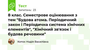 8 клас. Семестрове оцінювання з тем "Будова атома. Періодичний закон і Періодична система хімічних елементів", "Хімічний зв'язок і будова речовини"