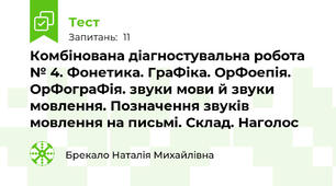 Комбінована діагностувальна робота № 4. Фонетика. ГраФіка. ОрФоепія. ОрФограФія. звуки мови й звуки мовлення. Позначення звуків мовлення на письмі. Склад. Наголос