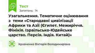 Узагальнення. Тематичне оцінювання з  теми «Стародавні цивілізації Африки та Азії (Єгипет. Межиріччя. Фінікія. Ізраїльсько-Юдейське царство. Персія. Індія. Китай)»