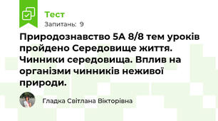  Природознавство 5А 8/8 тем уроків пройдено Середовище життя. Чинники середовища. Вплив на організми чинників неживої природи.