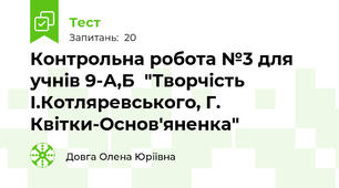 Контрольна робота №3 для учнів 9-А,Б  "Творчість І.Котляревського, Г. Квітки-Основ'яненка"