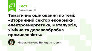 Тематичне оцінювання по темі: «Вторинний сектор економіки: електроенергетика, металургія, хімічна та деревообробна промисловість»