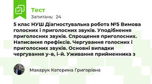 5 клас НУШ Діагностувальна робота №5 Вимова голосних і приголосних звуків. Уподібнення приголосних звуків. Спрощення приголосних. Написання префіксів. Чергування голосних і приголосних звуків. Основні випадки чергування у–в, і–й. Уживання прийменника з