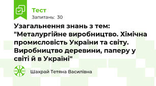 Узагальнення знань з тем: "Металургійне виробництво. Хімічна промисловість України та світу. Виробництво деревини, паперу у світі й в Україні"