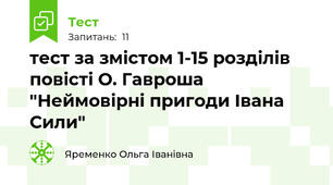 тест за змістом 1-15 розділів повісті О. Гавроша "Неймовірні пригоди Івана Сили"