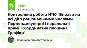  Контрольна робота №10 "Вправи на всі дії з раціональними числами. Перпендикулярні і паралельні прямі. Координатна площина. Графіки"