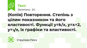 (Копія) Повторення. Степінь з цілим показником та його властивості. Функції y=k/x, y=x^2, y=√х, їх графіки та властивості.