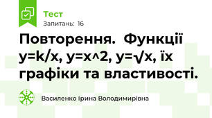  Повторення.  Функції y=k/x, y=x^2, y=√х, їх графіки та властивості.