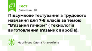  Підсумкове тестування з трудового навчання для 7-8 класів за темою "В'язання гачком" ( технологія виготовлення в'язаних виробів).