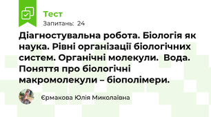 Діагностувальна робота. Біологія як наука. Рівні організації біологічних систем. Органічні молекули.  Вода. Поняття про біологічні макромолекули – біополімери.