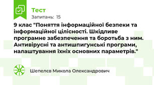 9 клас "Поняття інформаційної безпеки та інформаційної цілісності. Шкідливе програмне забезпечення та боротьба з ним. Антивірусні та антишпигунські програми, налаштування їхніх основних параметрів."