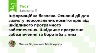 Інформаційна безпека. Основні дії для захисту персональних комп'ютерів від шкідливого програмного забезпечення. Шкідливе програмне забезпечення та боротьба з ним