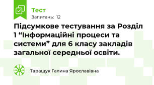 Підсумкове тестування за Розділ 1 “Інформаційні процеси та системи” для 6 класу закладів загальної середньої освіти.