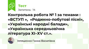 Контрольна робота № 1 за темами : «ВСТУП »,  «Родинно-побутові пісні», «Українські народні балади», «Українська середньовічна література ХІ–ХV ст.».