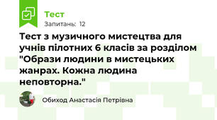 Тест з музичного мистецтва для учнів пілотних 6 класів за розділом "Образи людини в мистецьких жанрах. Кожна людина неповторна."