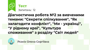 Діагностична робота №2 за вивченими темами: "Секрети спілкування", "Як залагодити конфлікт", "Ми - українці", "У рідному краї", "Культура споживання" з розділу "Світ людей"