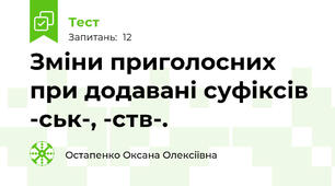 Зміни приголосних при додавані суфіксів -ськ-, -ств-.