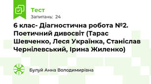  6 клас- Діагностична робота №2. Поетичний дивосвіт (Тарас Шевченко, Леся Українка, Станіслав Чернілевський, Ірина Жиленко)
