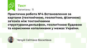 Практична робота №4 Встановлення за картами (тектонічною, геологічно, фізичною) зв'язків між тектонічними структурами,рельєфом, геологічною будовою та корисними копалинами у межах України.