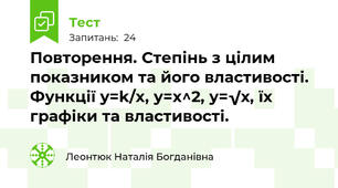 Повторення. Степінь з цілим показником та його властивості. Функції y=k/x, y=x^2, y=√х, їх графіки та властивості.