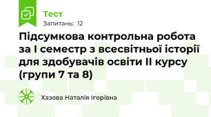 Підсумкова контрольна робота за І семестр з всесвітньої історії для здобувачів освіти ІІ курсу (групи 7 та 8)
