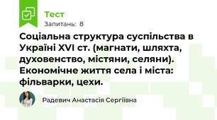 Соціальна структура суспільства в Україні XVІ ст. (магнати, шляхта, духовенство, містяни, селяни). Економічне життя села і міста: фільварки, цехи. 