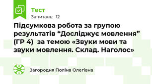 Підсумкова робота за групою результатів “Досліджує мовлення” (ГР 4)  за темою «Звуки мови та звуки мовлення. Склад. Наголос»