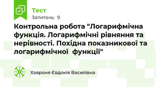 Контрольна робота "Логарифмічна функція. Логарифмічні рівняння та нерівності. Похідна показникової та логарифмічної  функції"