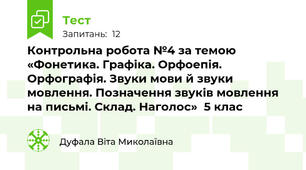 Контрольна робота №4 за темою «Фонетика. Графіка. Орфоепія. Орфографія. Звуки мови й звуки мовлення. Позначення звуків мовлення на письмі. Склад. Наголос»  5 клас