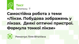Самостійна робота з теми «Лінзи. Побудова зображень у лінзах.  Деякі оптичні пристрої. Формула тонкої лінзи»