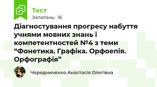 Діагностування прогресу набуття учнями мовних знань і компетентностей №4 з теми “Фонетика. Графіка. Орфоепія. Орфографія”