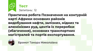 Практична робота Позначення на контурній карті Африки основних районів видобування нафти, залізних, мідних та алюмінієвих руд, центів їх переробки (збагачення), основних транспортних магістралей та портів експортування.