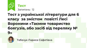 Тест з української літератури для 6 класу  за змістом  повісті Лесі Воронини «Таємне товариство боягузів, або засіб від переляку № 9» 