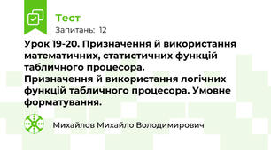 Урок 19-20. Призначення й використання математичних, статистичних функцій табличного процесора.                        Призначення й використання логічних функцій табличного процесора. Умовне форматування.