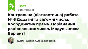 Контрольна (діагностична) робота № 6 Додатні та від'ємні числа. Координатна пряма. Порівняння раціональних чисел. Модуль числа  ВаріантІ