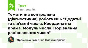 Тематична контрольна (діагностична) робота № 6 "Додатні та від'ємні числа. Координатна пряма. Модуль числа. Порівняння раціональних чисел"