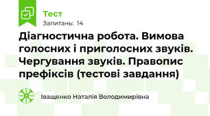  Діагностична робота. Вимова голосних і приголосних звуків. Чергування звуків. Правопис префіксів (тестові завдання)