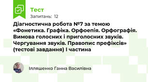 Діагностична робота №7 за темою «Фонетика. Графіка. Орфоепія. Орфографія. Вимова голосних і приголосних звуків. Чергування звуків. Правопис префіксів» (тестові завдання) І частина