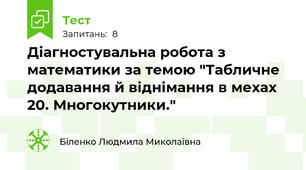 Діагностувальна робота з математики за темою "Табличне додавання й віднімання в мехах 20. Многокутники."