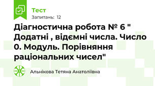 Діагностична робота № 6 " Додатні , відємні числа. Число 0. Модуль. Порівняння раціональних чисел" 