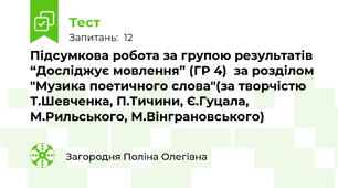 Підсумкова робота за групою результатів “Досліджує мовлення” (ГР 4)  за розділом "Музика поетичного слова"(за творчістю Т.Шевченка, П.Тичини, Є.Гуцала, М.Рильського, М.Вінграновського)