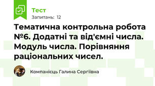 Тематична контрольна робота №6. Додатні та від'ємні числа. Модуль числа. Порівняння раціональних чисел.