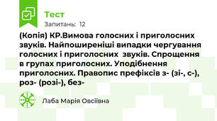 (Копія) КР.Вимова голосних і приголосних звуків. Найпоширеніші випадки чергування голосних і приголосних  звуків. Спрощення в групах приголосних. Уподібнення приголосних. Правопис префіксів з- (зі-, с-), роз- (розі-), без-
