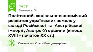 Політичний, соціально-економічний розвиток українських земель у складі Російської  та  Австрійської імперії , Австро-Угорщини (кінець ХVIII – початок ХХ ст.)