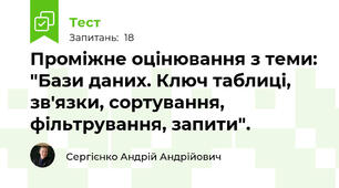 Проміжне оцінювання з теми: "Бази даних. Ключ таблиці, зв'язки, сортування, фільтрування, запити".